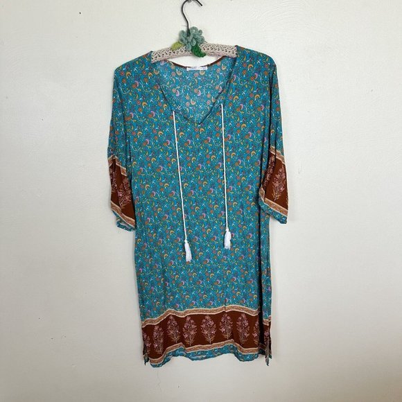 Halite Womens Teal Green & Brown Floral Boho Rayon Tunic Top Shirt Blouse XL - Picture 2 of 7
